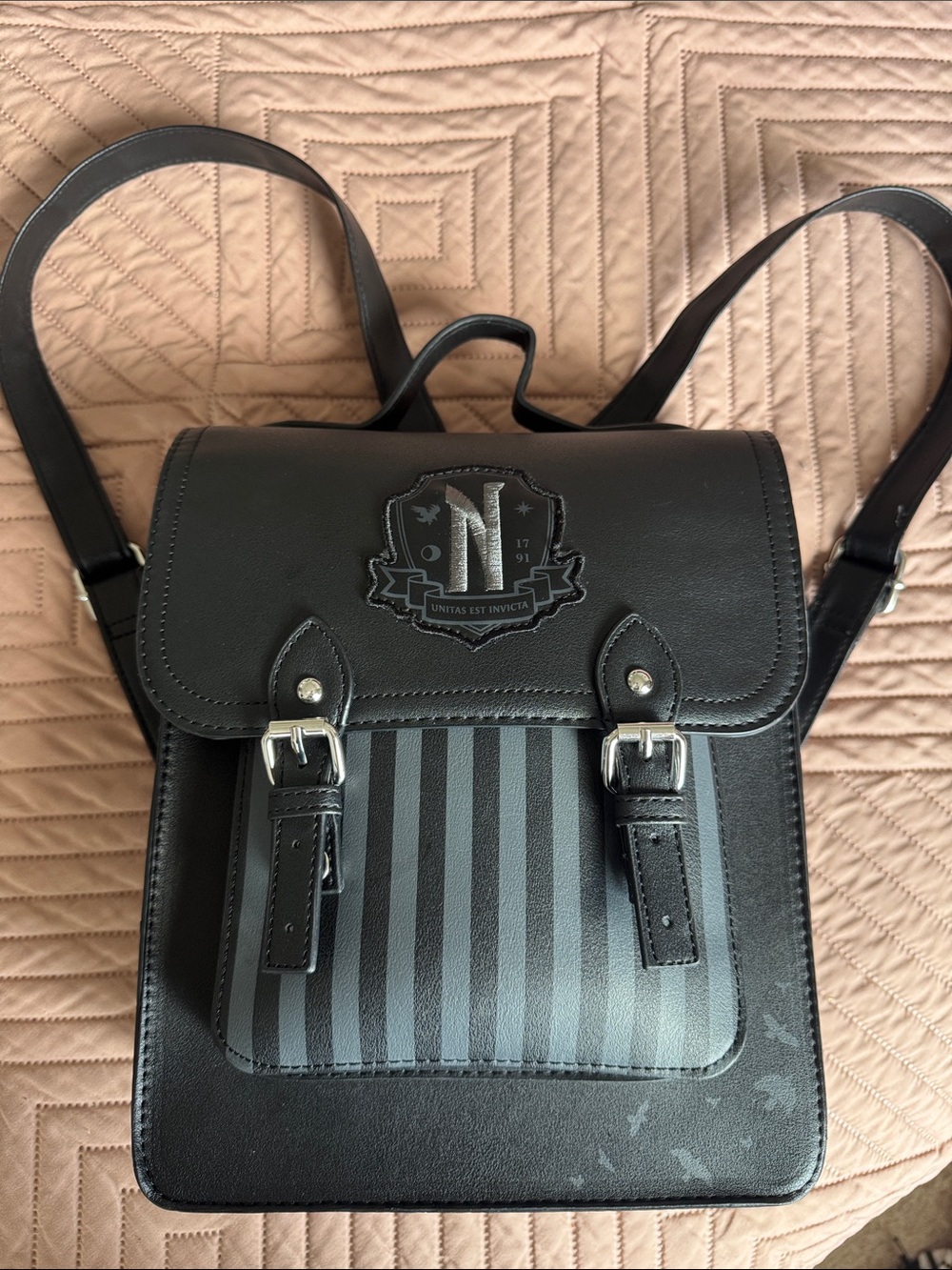 WEDNESDAY Nightshade Society Black Striped Crest Front Backpack